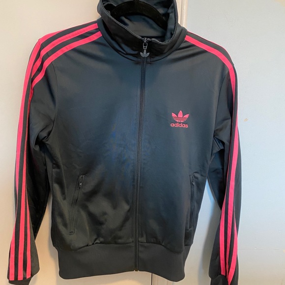 DARK GREY/ PINK STRIPE ADIDAS ZIP UP- Medium - Picture 1 of 7